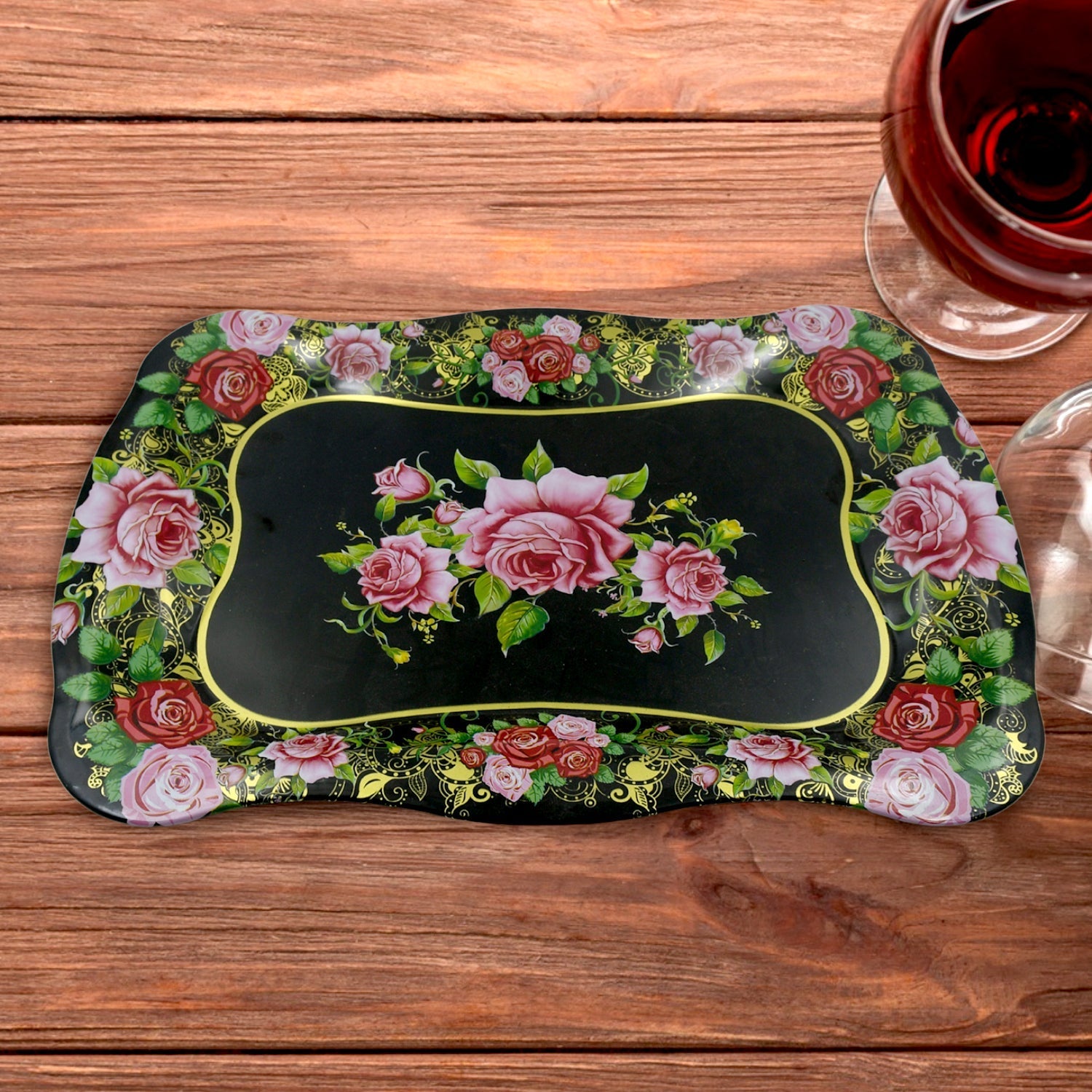 Floral Stainless Steel Serving Tray 18"