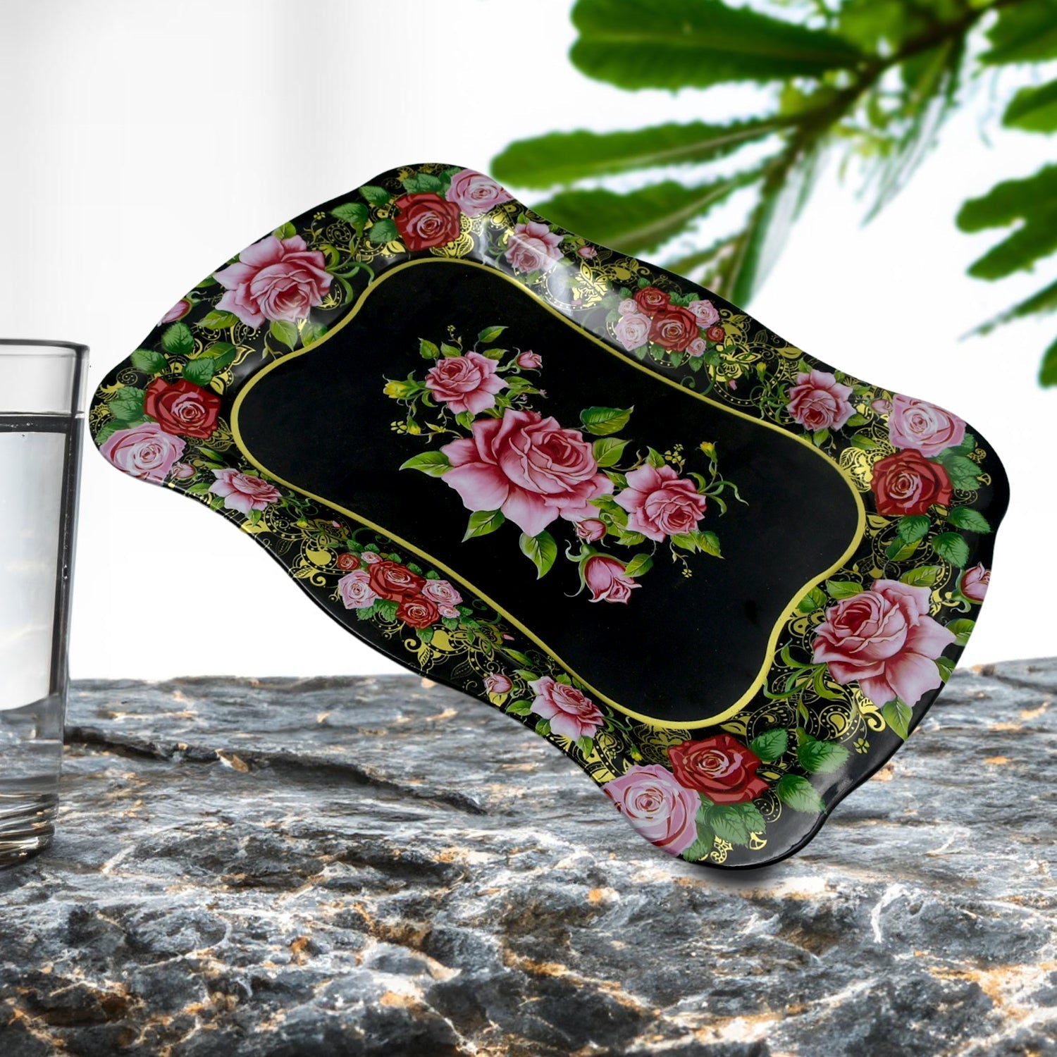 Floral Stainless Steel Serving Tray 18"