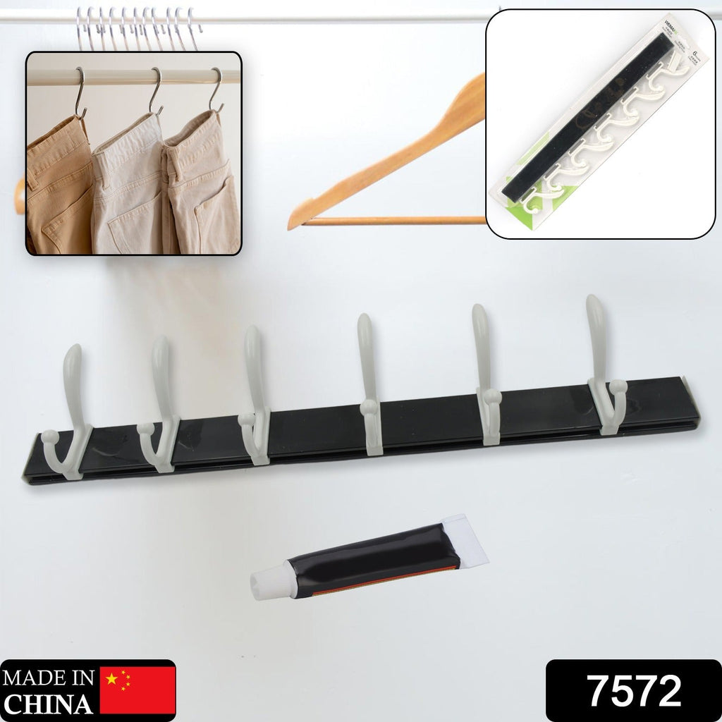 Wall Door Hook Rail | 6 Hook Hanger for Clothes & Hats | With Eco-Friendly Adhesive