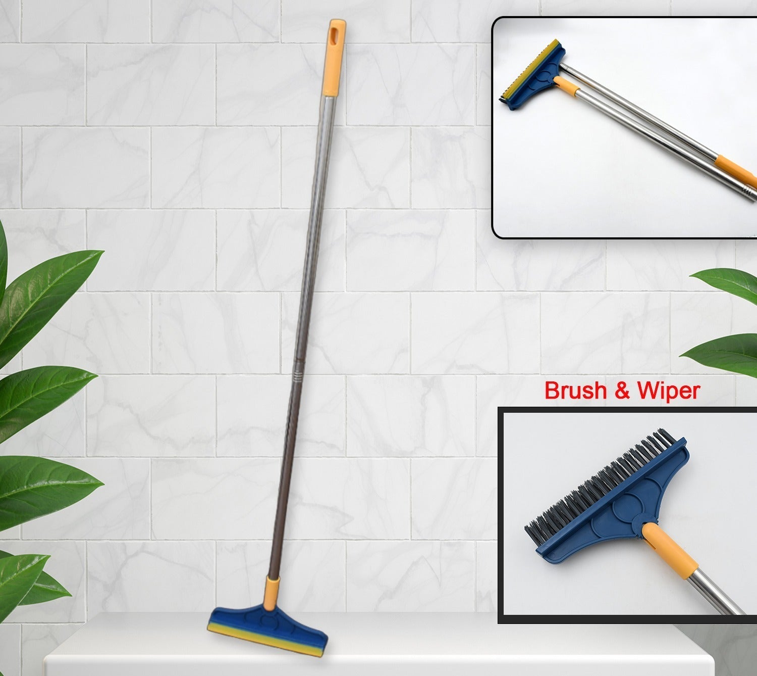 Long handle cleaning brush with rotatable wiper for bathroom and kitchen