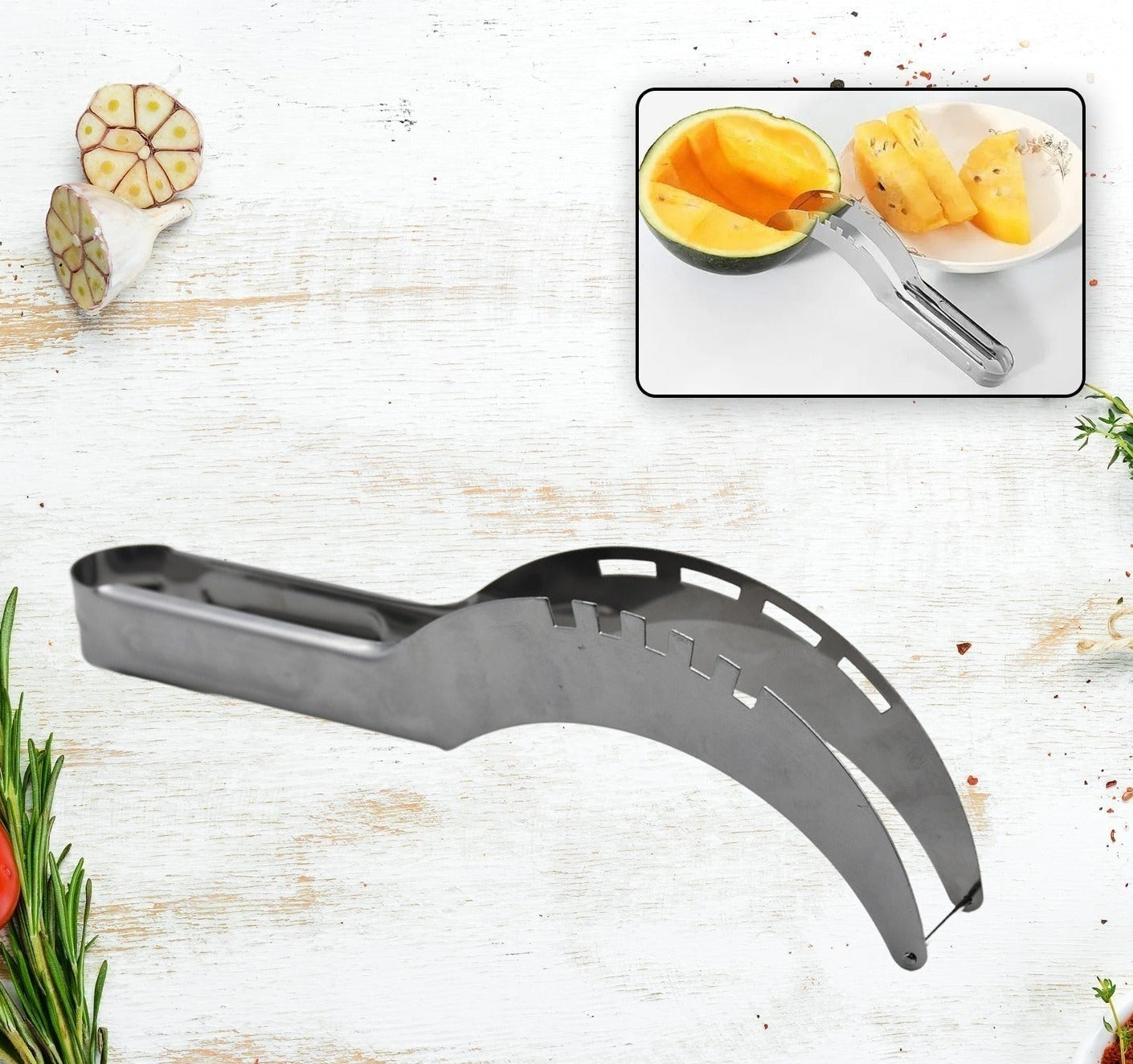 Efficient kitchen tool for slicing cantaloupe and watermelon.