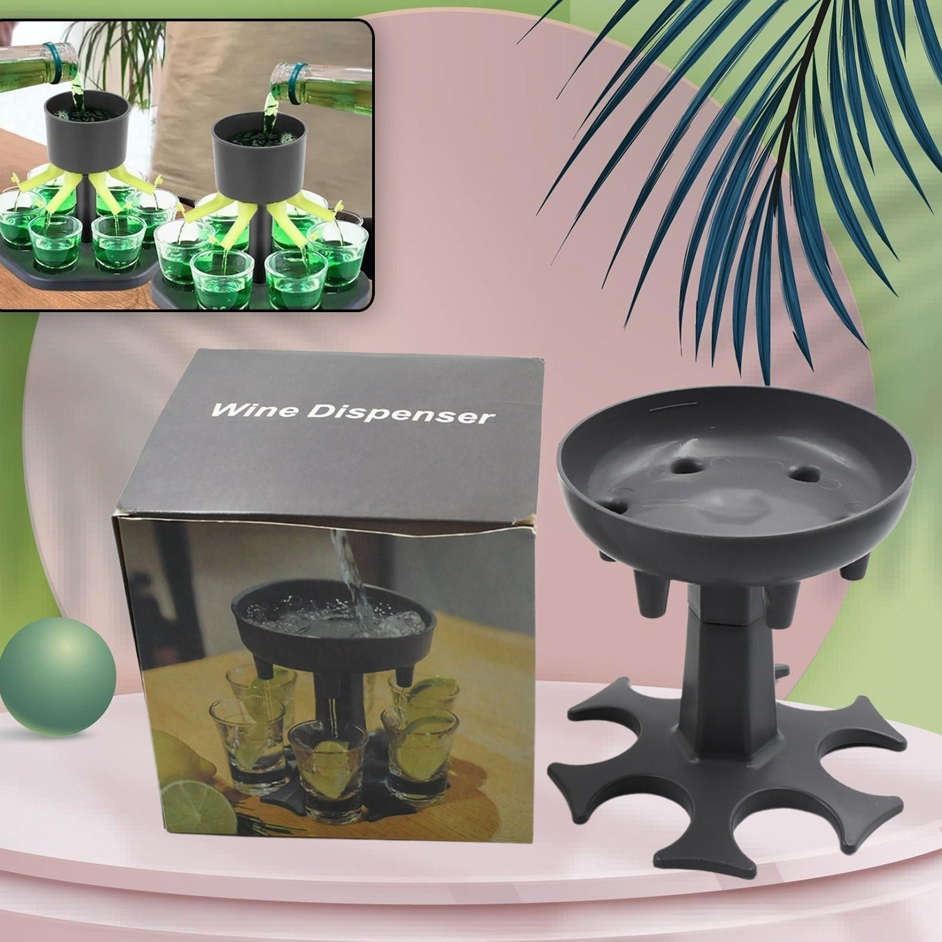 6-shot glass dispenser with tray for party drinks.