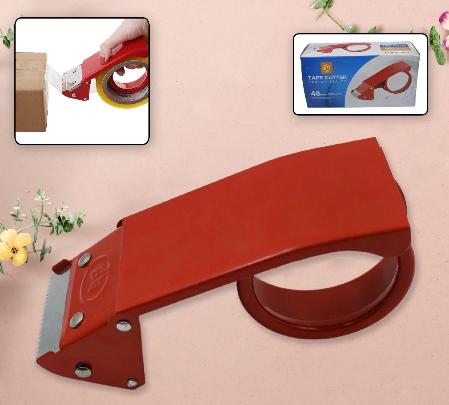 Tape dispenser with cutter, metal, for packaging tape.
