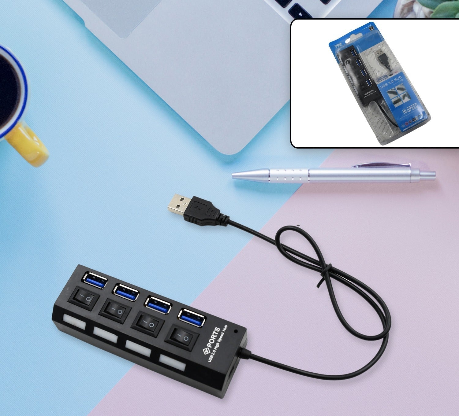 High-speed USB 2.0 hub with 4 ports and LED lights
